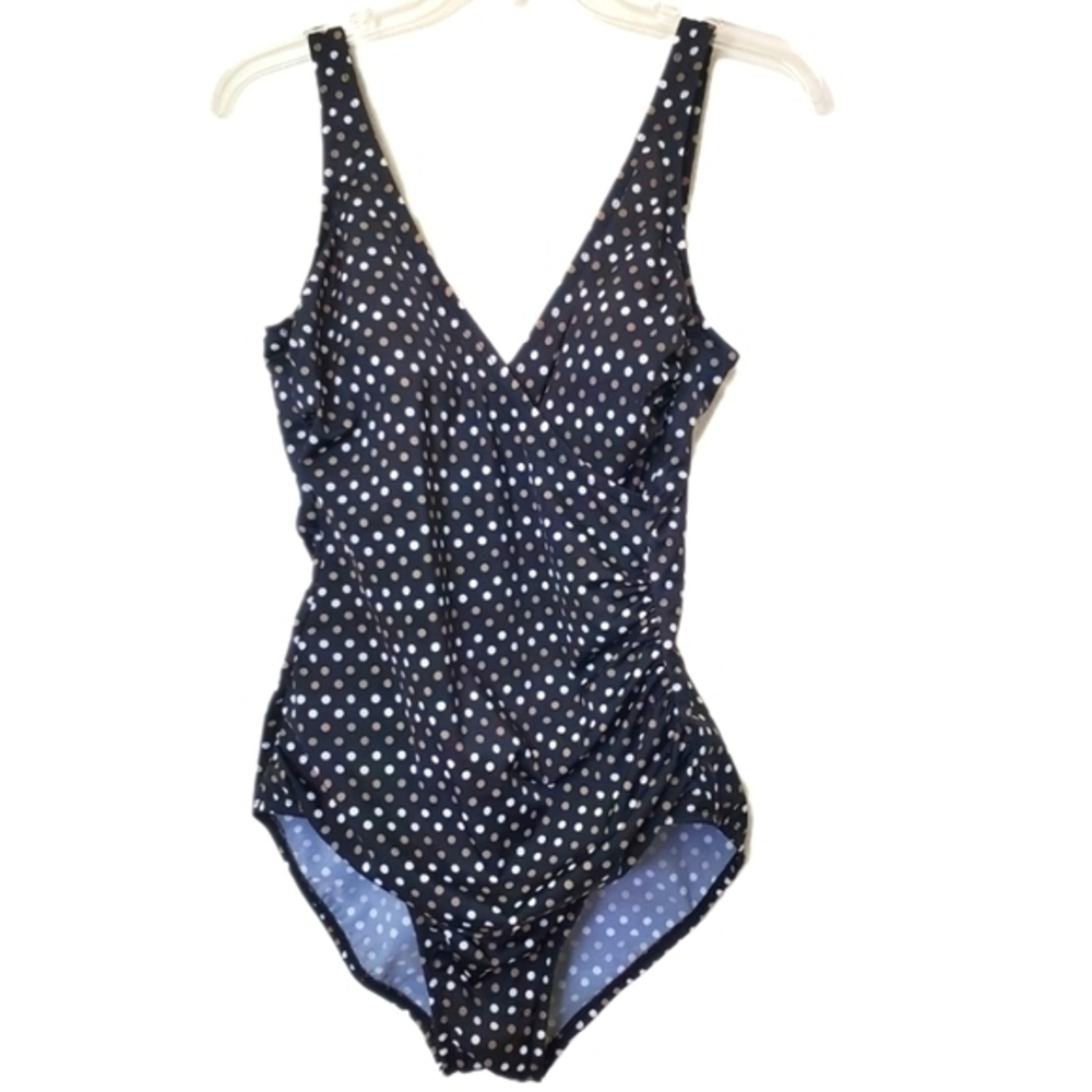 Miraclesuit Women's Black Polka Dot V Neck & Side Ruched One Piece Swimsuit